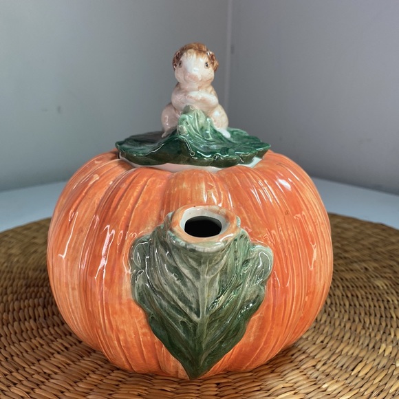 Vintage 1990 OCI Fitz and Floyd Pumpkin Fall Decor Teapot - Picture 4 of 11